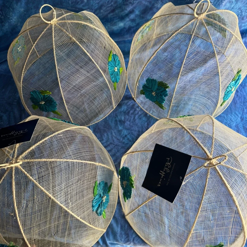 Handcrafted Philippines Mesh Food Covers 4pc Blue Floral Woven Sinamay Albaca